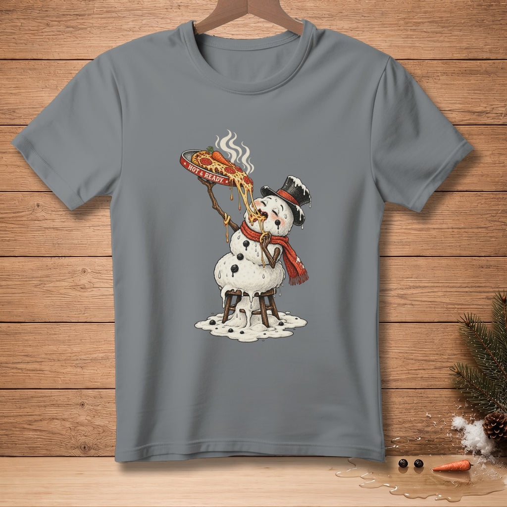 Melting snowman in a top hat and scarf eating a hot pizza with text.