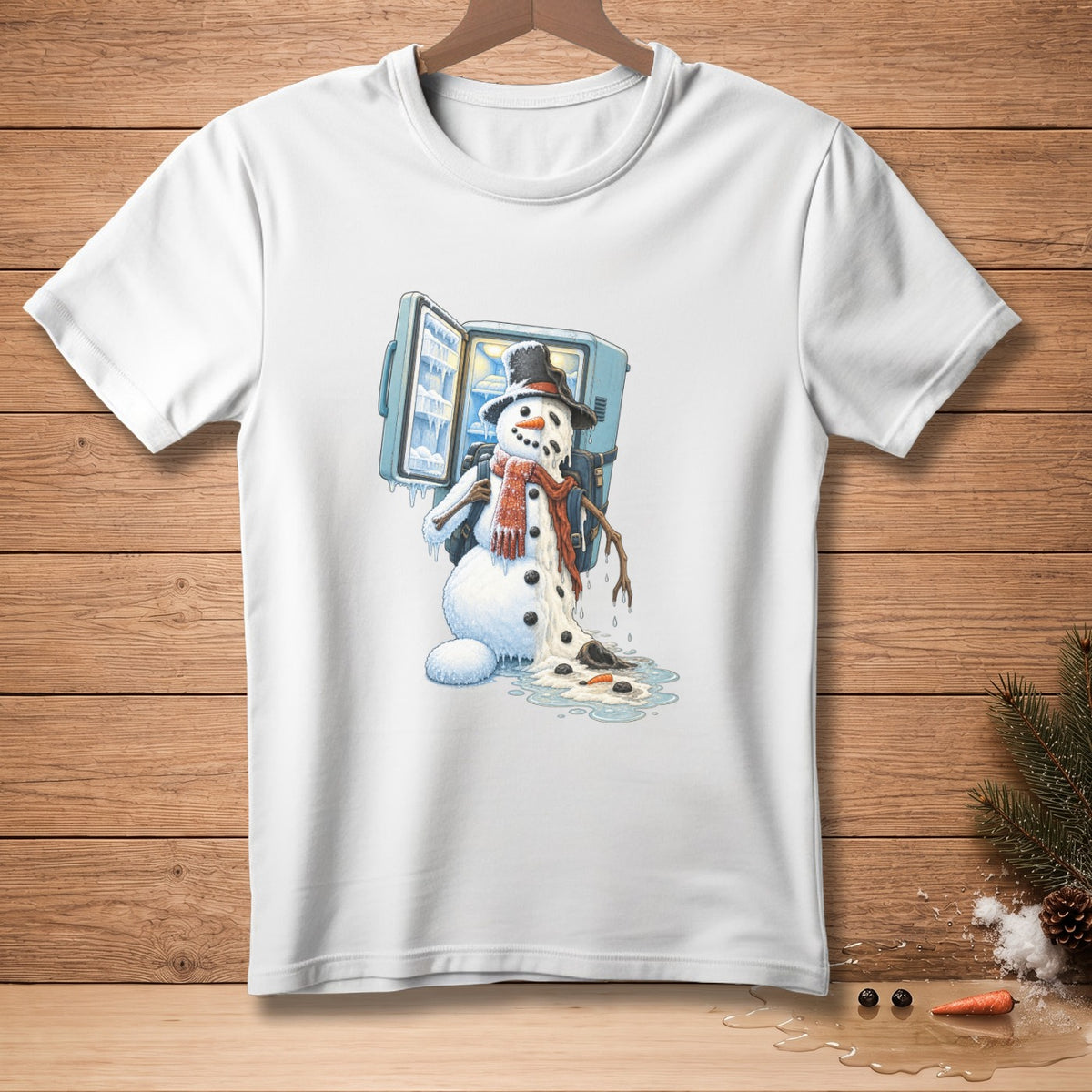 White t-shirt with illustration of a melting snowman holding a freezer door open.