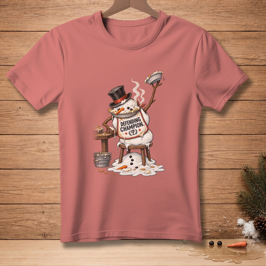 Snowman wearing a top hat and apron that says "Defending Champion."