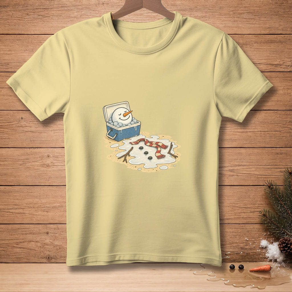 Yellow t-shirt featuring a melting snowman in a cooler.