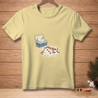 Yellow t-shirt featuring a melting snowman in a cooler.