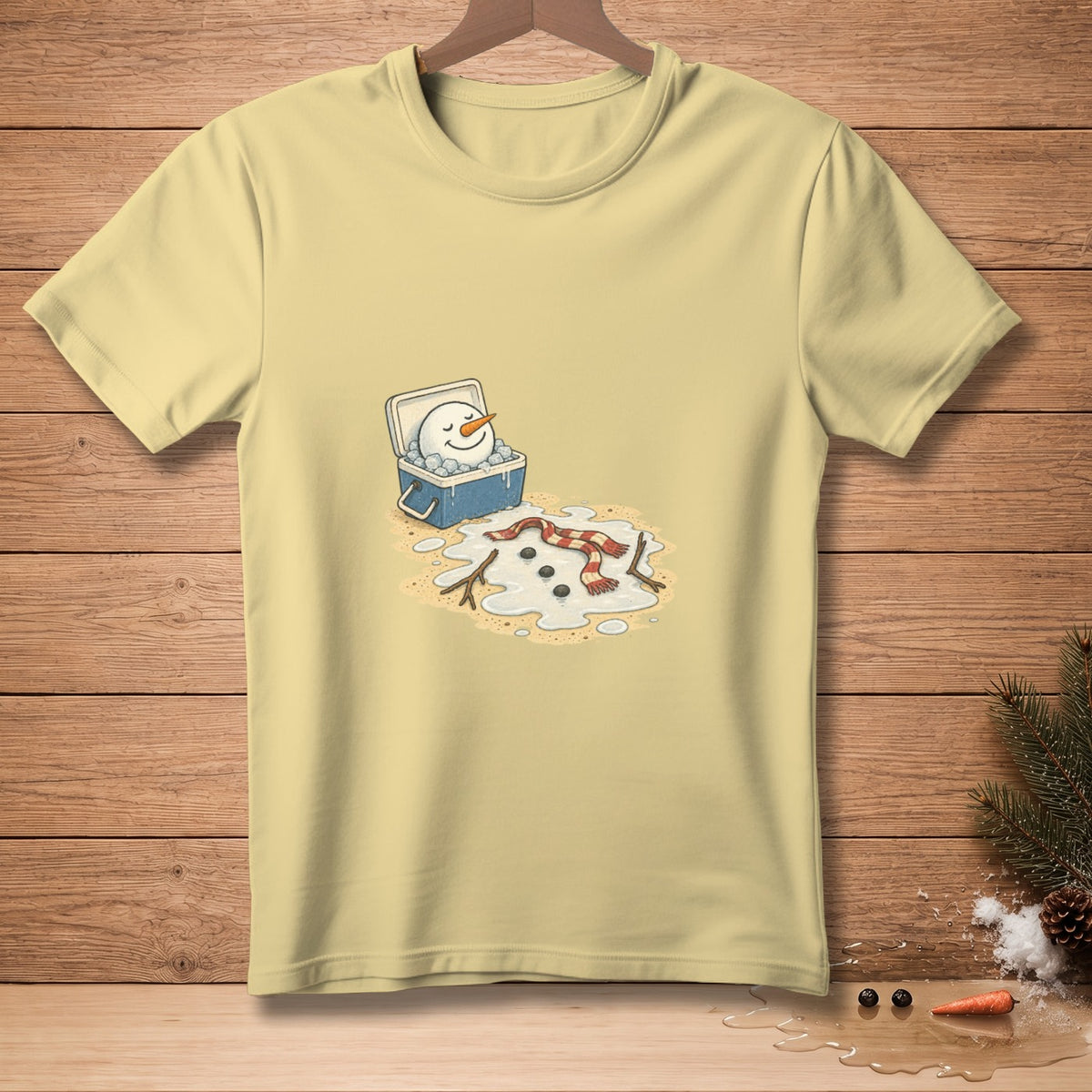 Yellow t-shirt featuring a melting snowman in a cooler.