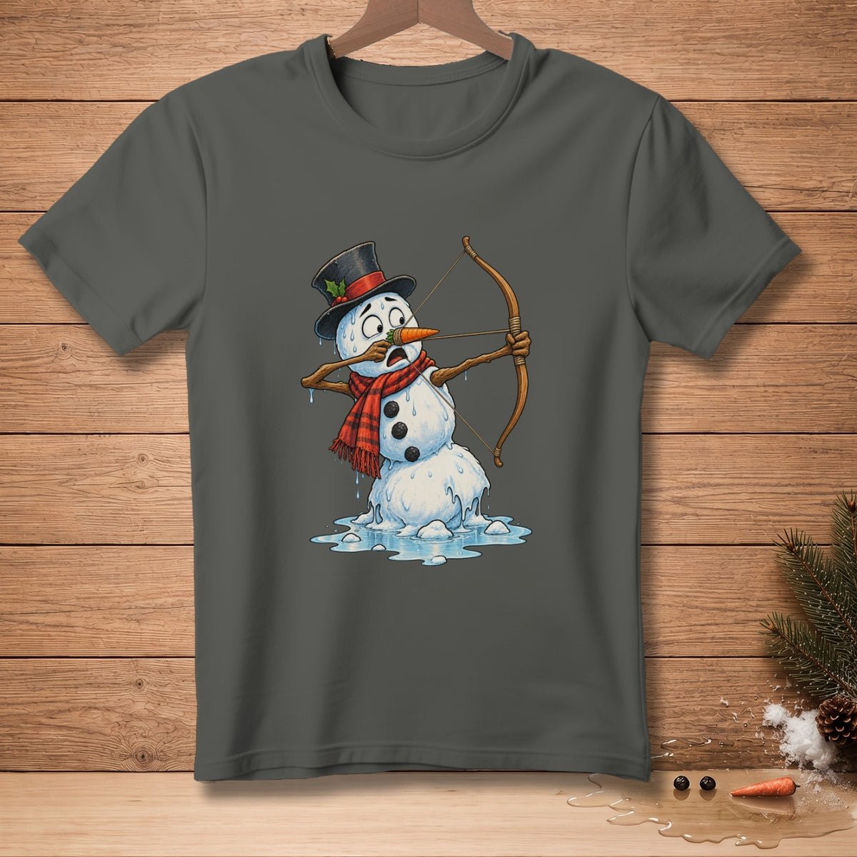 Melting snowman in top hat and scarf, drawing a bow and arrow.