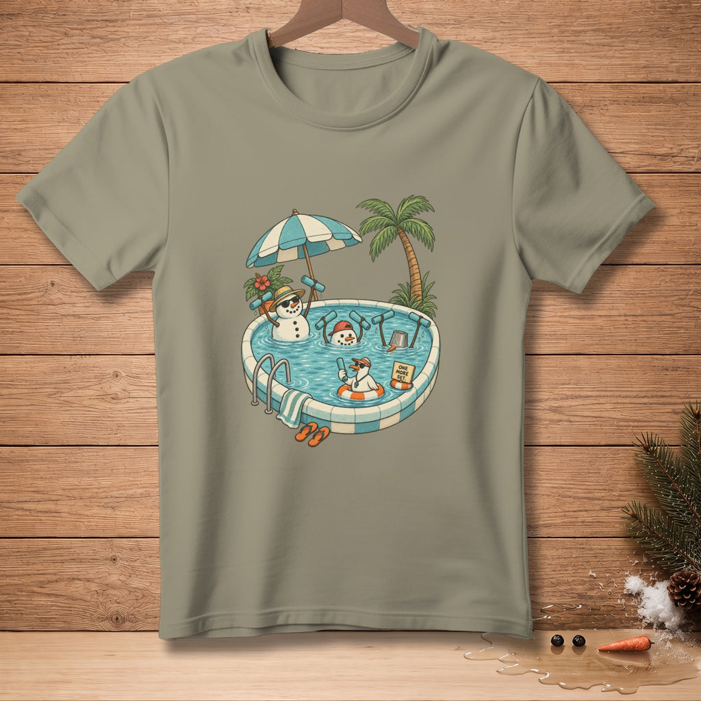 Snowmen in a pool under an umbrella with a palm tree and a sign reading "ONE MORE SET".