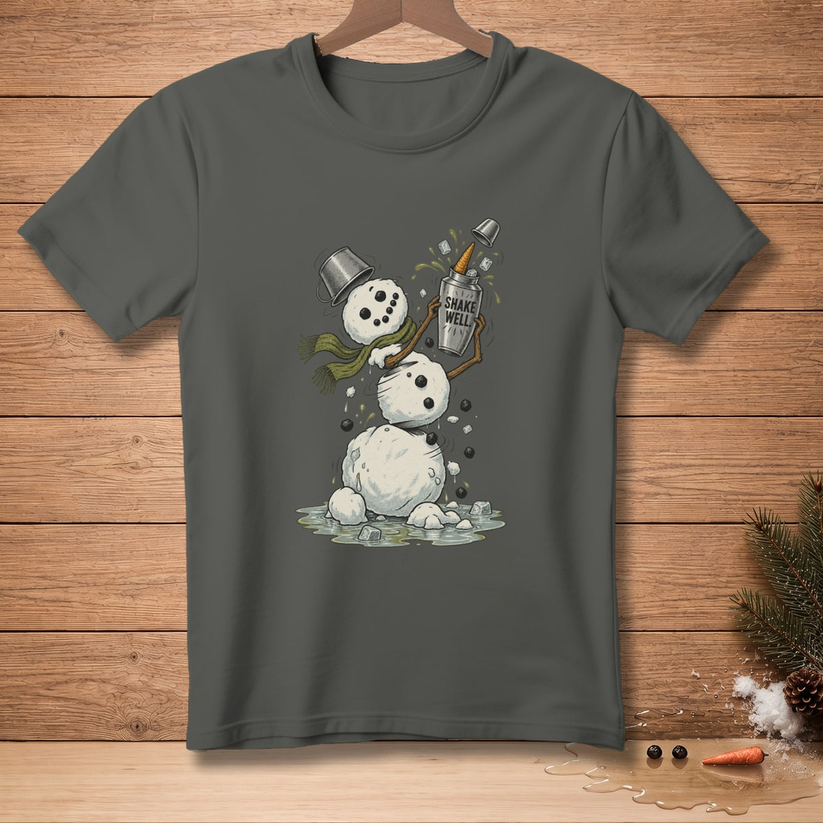Dark grey t-shirt with a melting snowman holding a shaker labeled "SHAKE WELL".