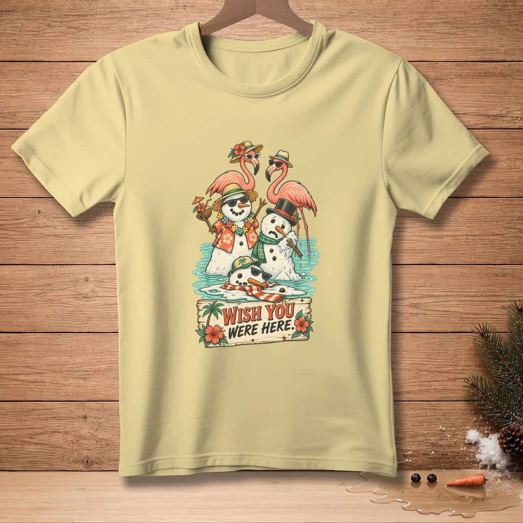 Snowmen and flamingos in water with "Wish You Were Here" sign.