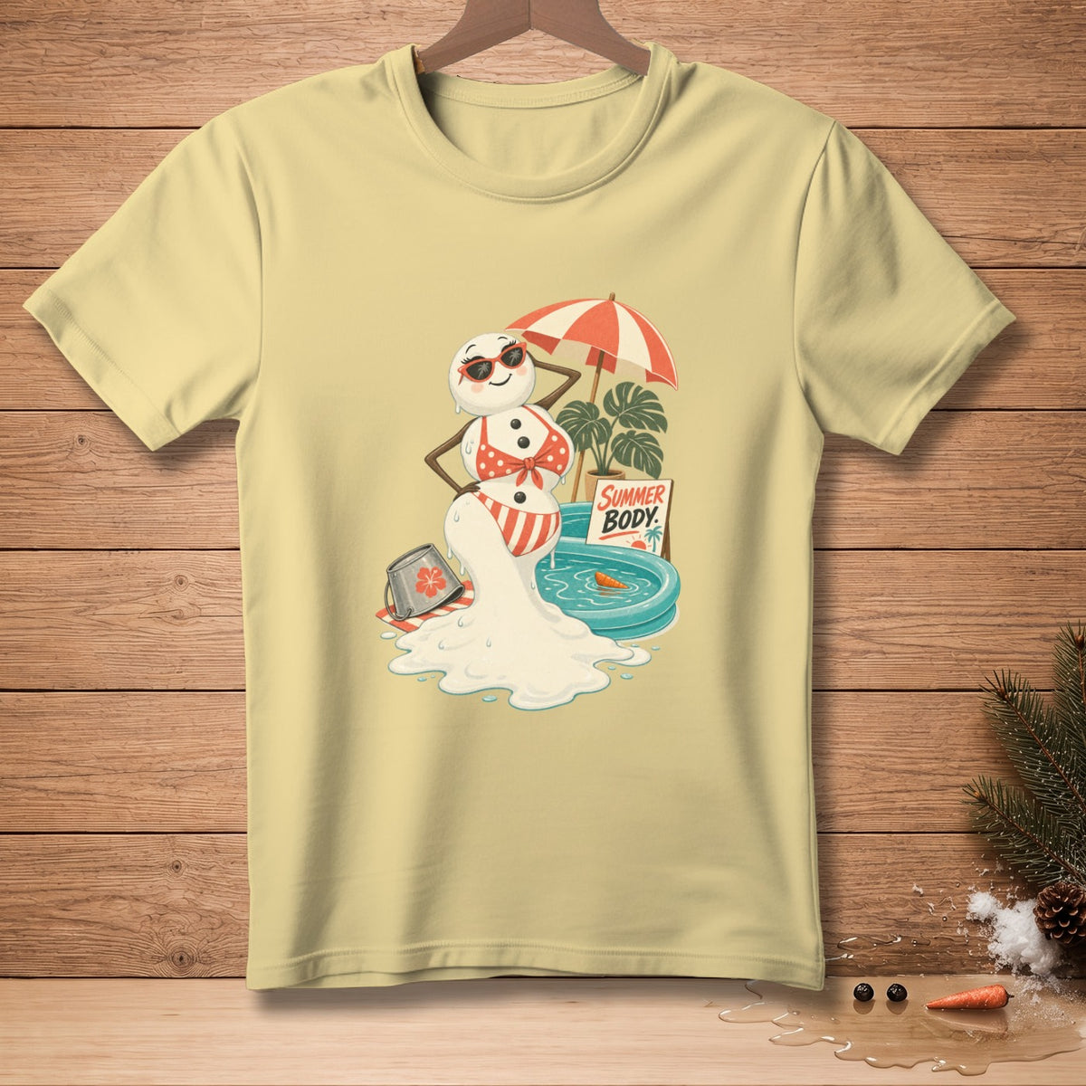 Melting snowman in bikini with sunglasses near a pool and umbrella, text says "Summer Body".