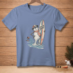 Melting snowman in sunglasses and scarf holds surfboard with text "CHASING SUMMER".