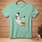 Melting snowman with a blowtorch caramelizing creme brulee with "Chef's Kiss" text.