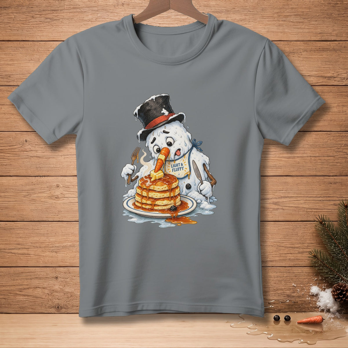 Melting snowman in top hat eats pancakes with syrup and butter, text reads "Light & Fluffy".