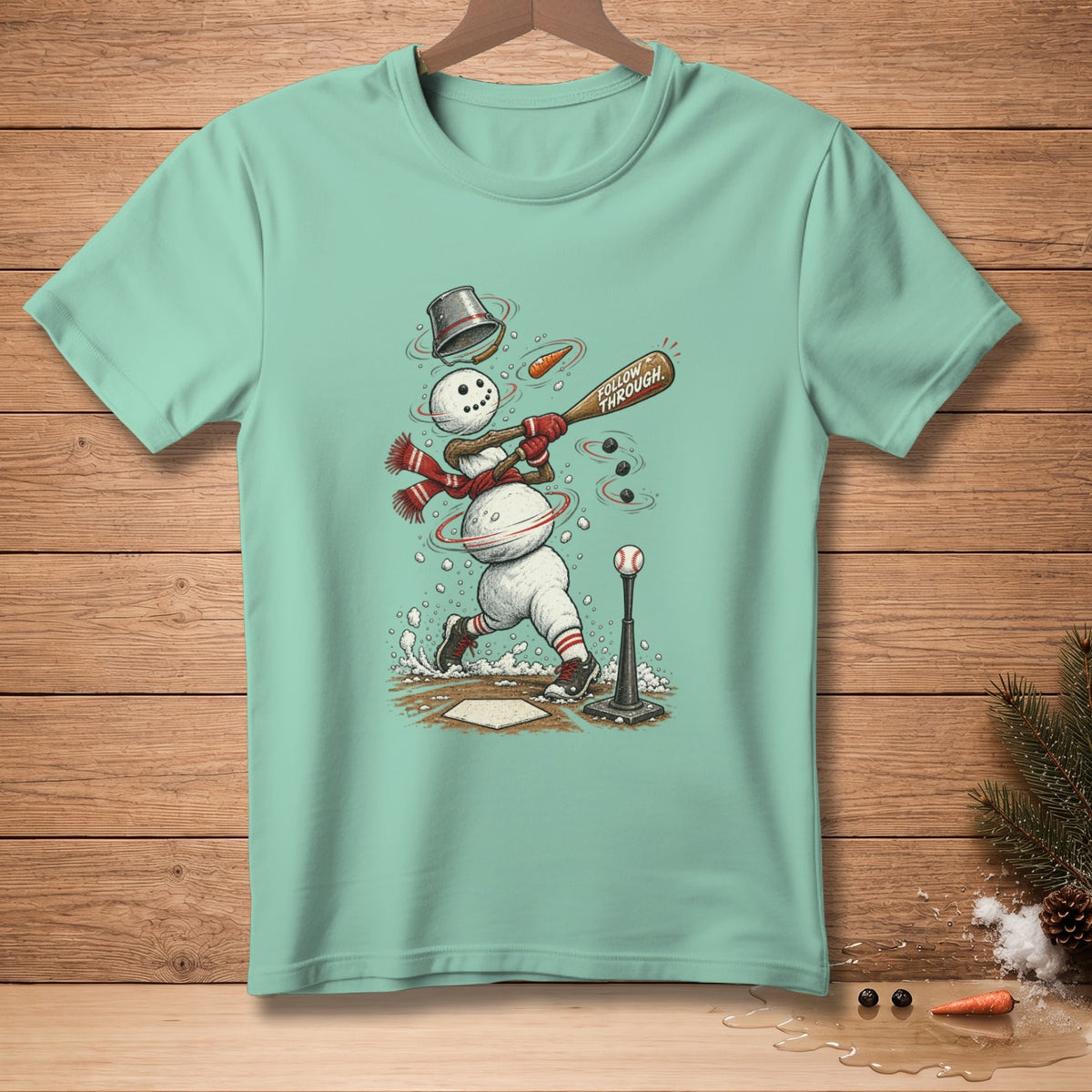 Snowman baseball player swings bat with "FOLLOW THROUGH" text.