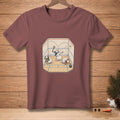 T-shirt with a graphic of snowmen playing squash in a court.