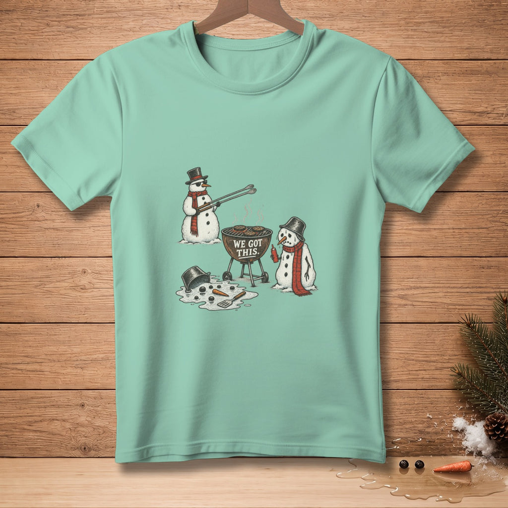 Snowmen grilling with text "WE GOT THIS" on barbecue.