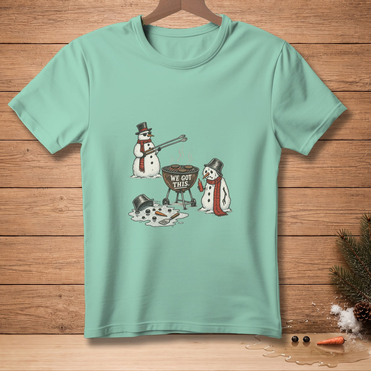 Snowmen grilling with text "WE GOT THIS" on barbecue.