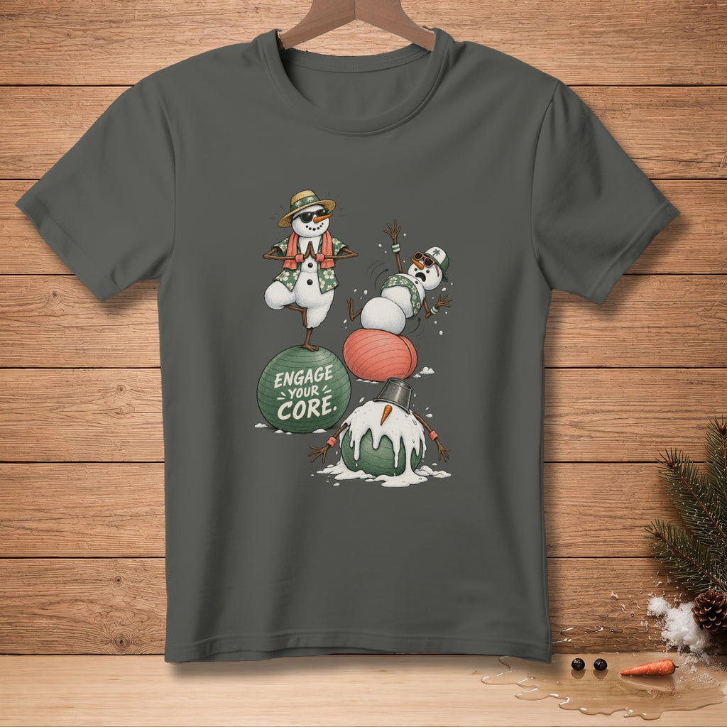 Snowmen doing yoga on exercise balls with "Engage Your Core" text.