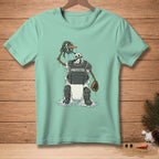 Melting snowman catcher with "PROTECTED" chest protector, holding helmet and glove.