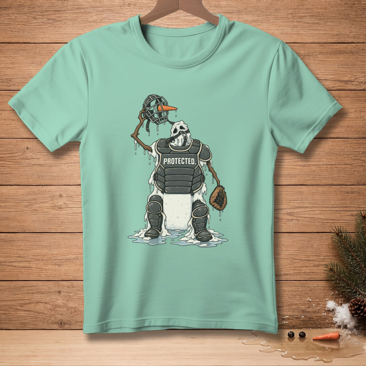 Melting snowman catcher with "PROTECTED" chest protector, holding helmet and glove.