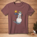 Melting snowman wearing sunglasses and a straw hat, running under a sun.