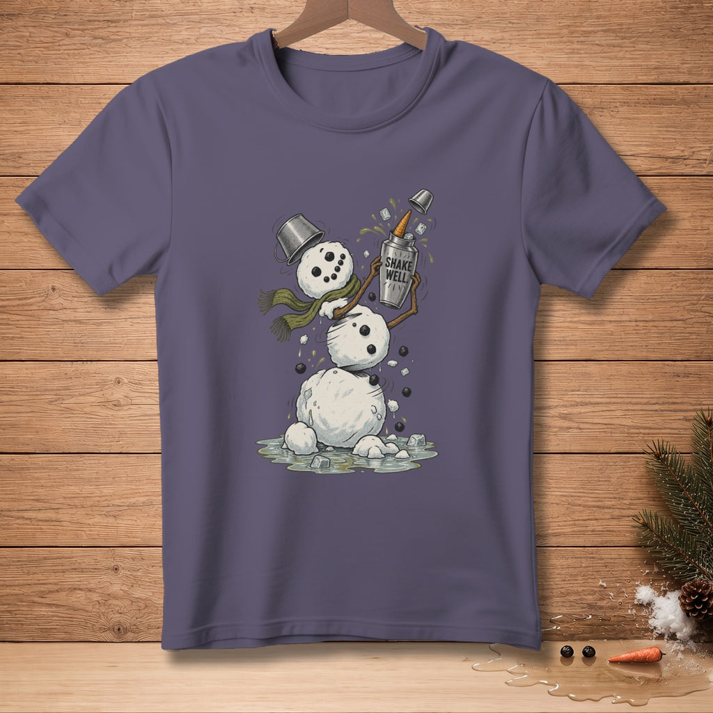 Snowman holding cocktail shaker labeled "Shake Well" with ice and melting snow.