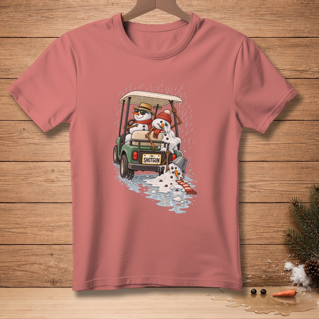 Snowmen in a golf cart with "SHOTGUN" plate, melting in the rain.