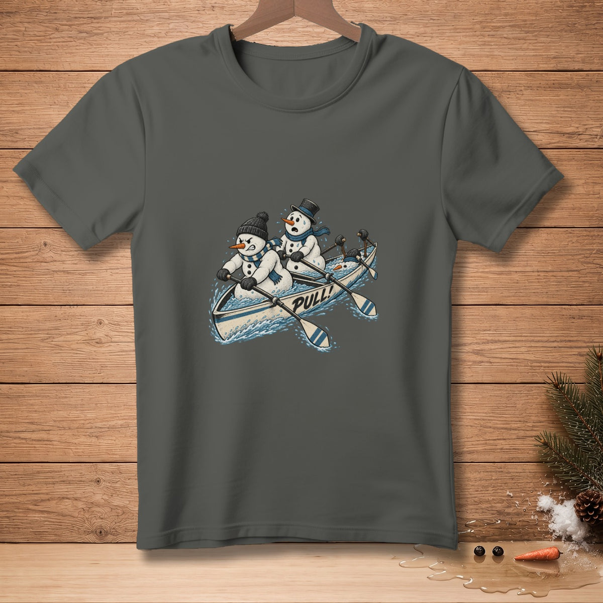 Snowmen rowing a canoe with "PULL!" written on it.