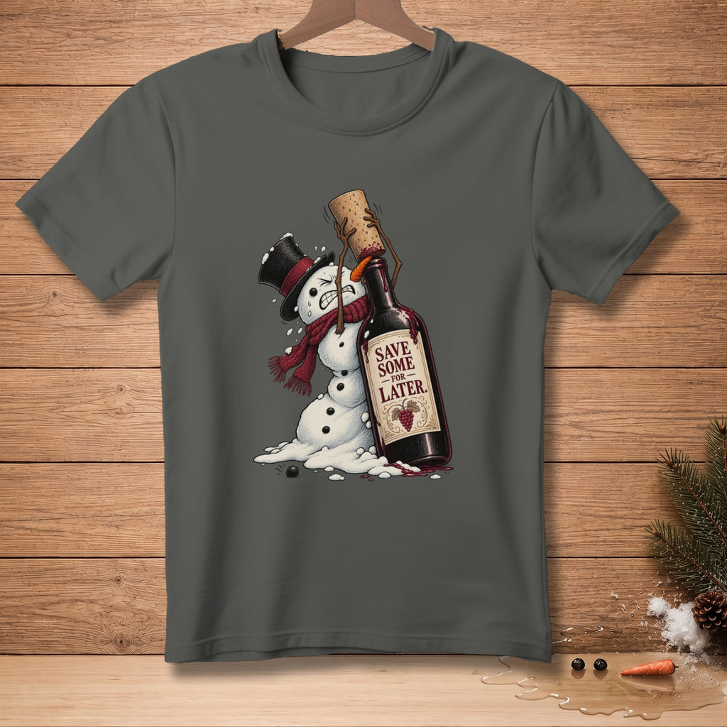 Melting snowman struggling with wine bottle labeled "SAVE SOME FOR LATER."