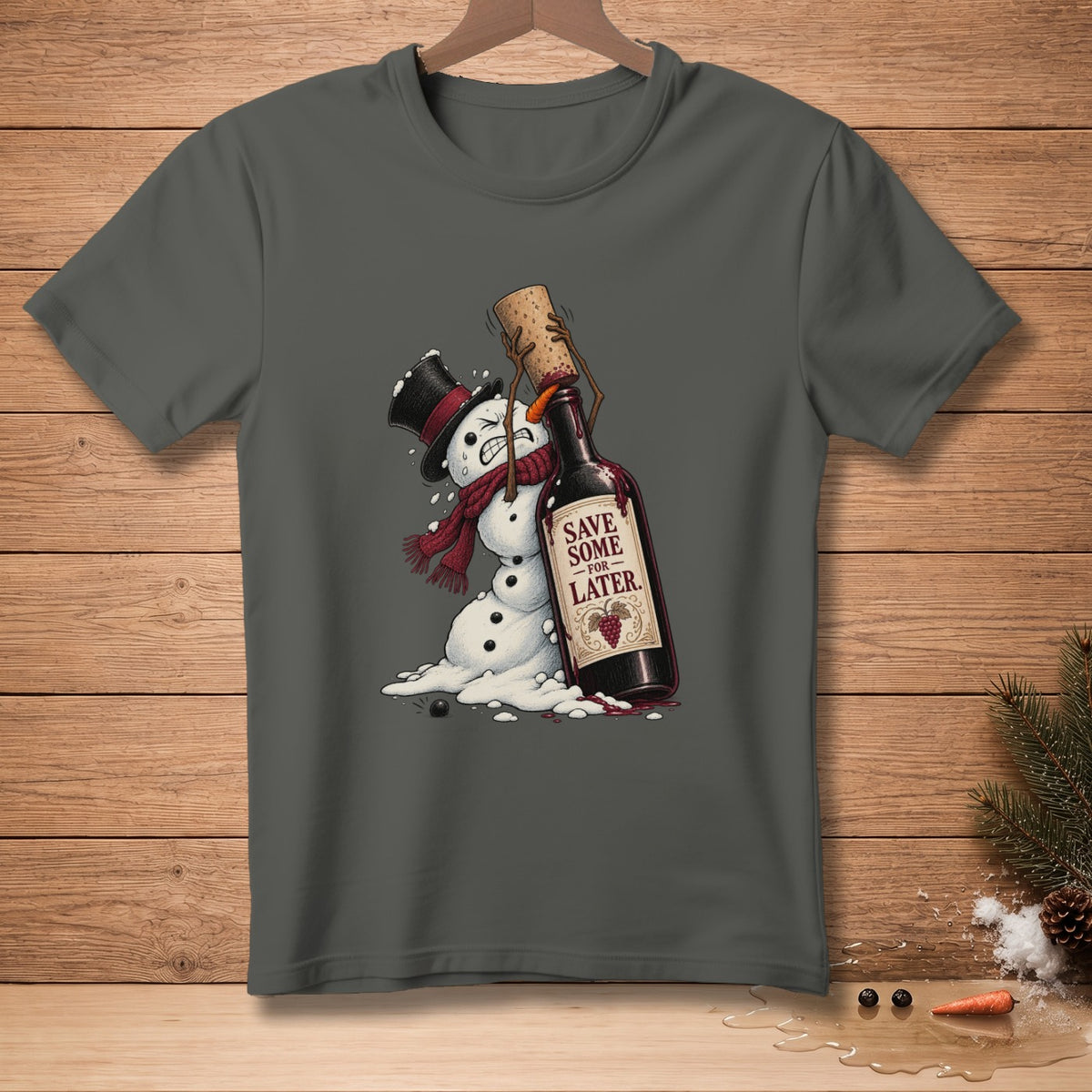 Melting snowman struggling with wine bottle labeled "SAVE SOME FOR LATER."