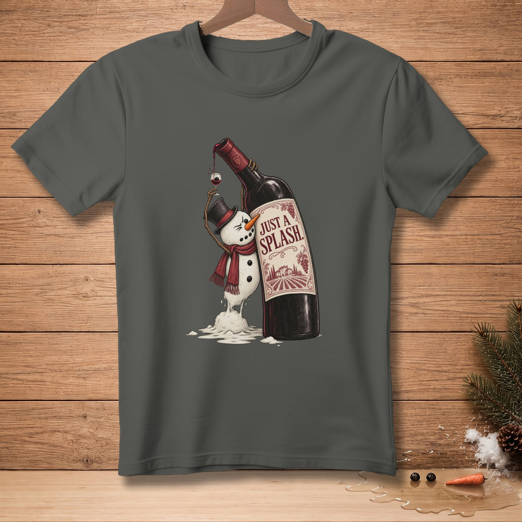 Snowman with top hat, scarf, and glass of wine next to wine bottle with "JUST A SPLASH."