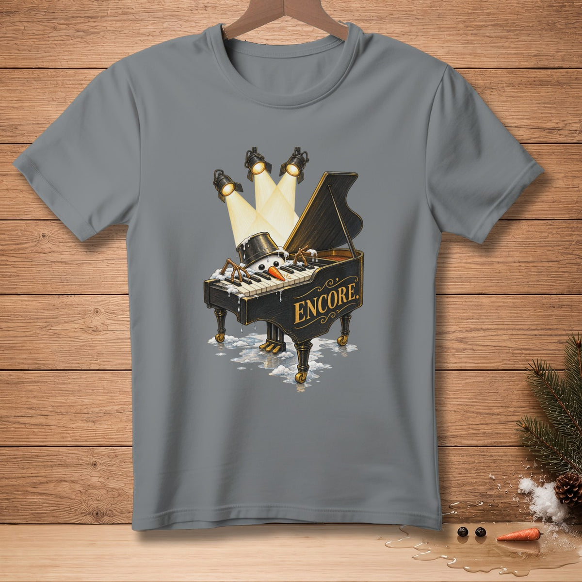 Snowman playing grand piano with "Encore" text, under spotlights.