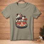 T-shirt with illustration of snowmen in a red bumper car with the word "AGAIN".