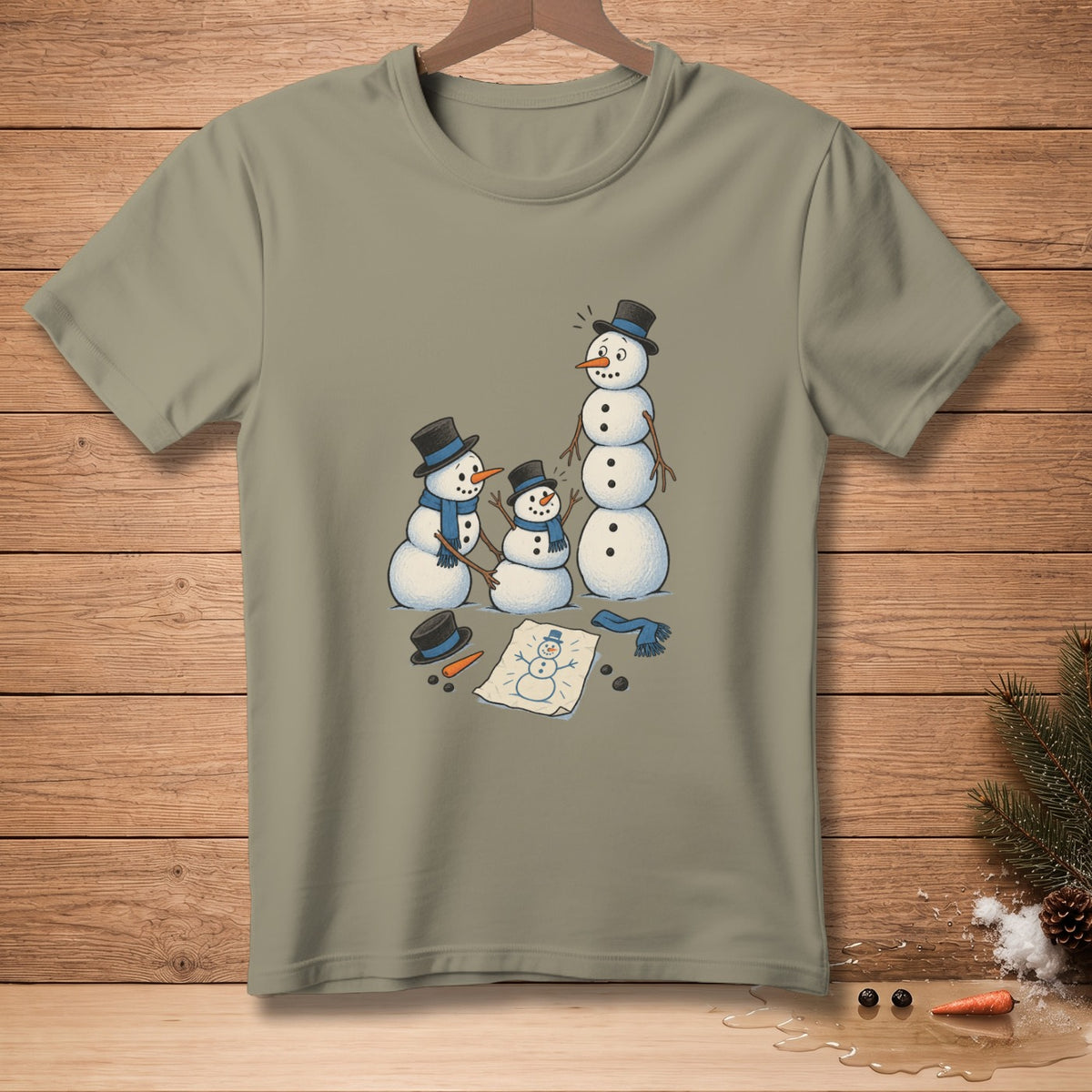 T-shirt with cartoon of snowmen building snowmen, drawing, hats, and scarves.