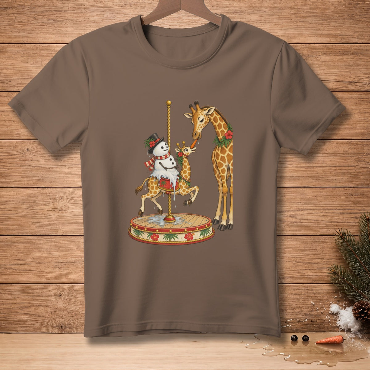 Two giraffes and a snowman on a carousel with a carrot.