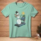 Melting snowman on treadmill with text "GETTING MY STEPS IN."
