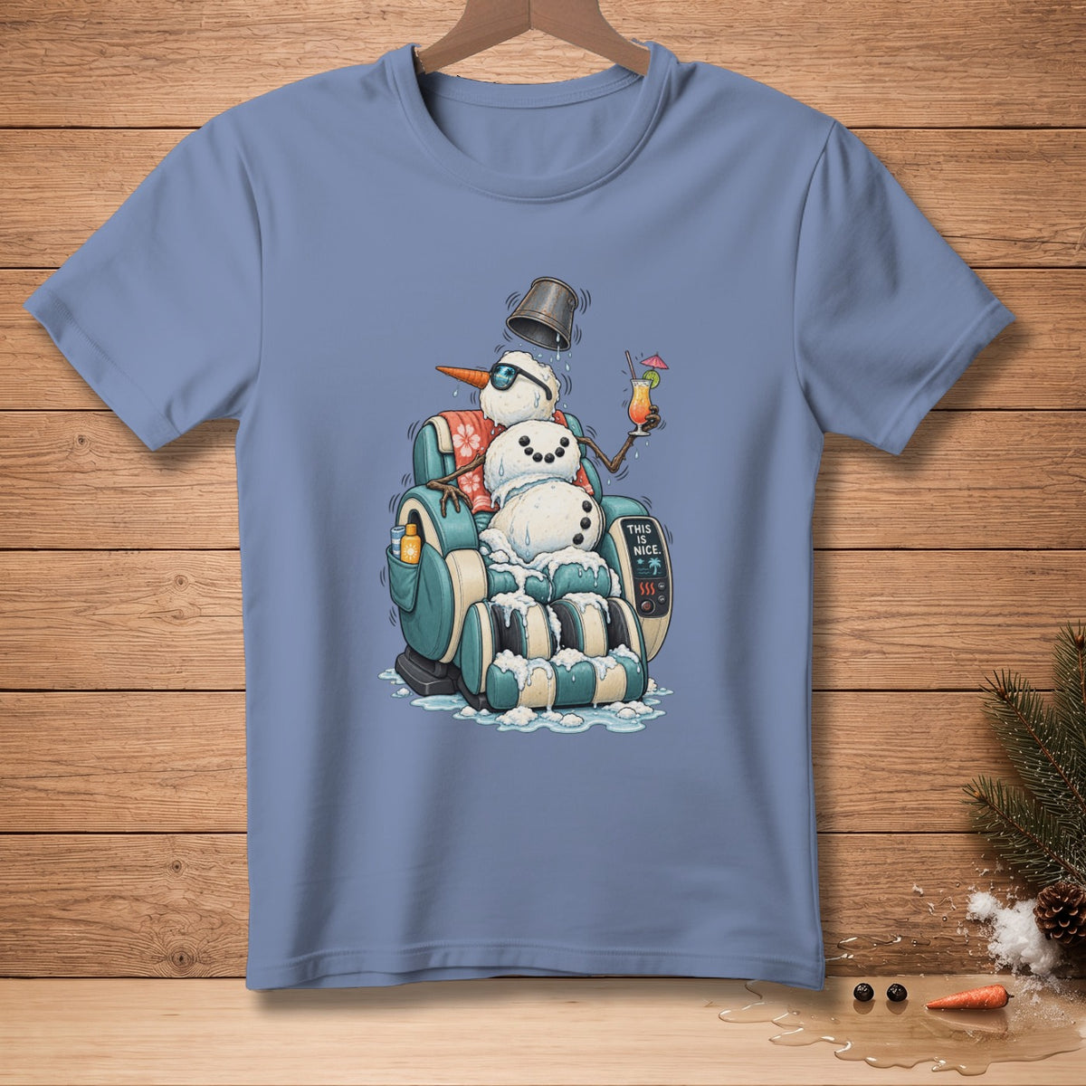 Snowman in massage chair with cocktail and text "This is nice."