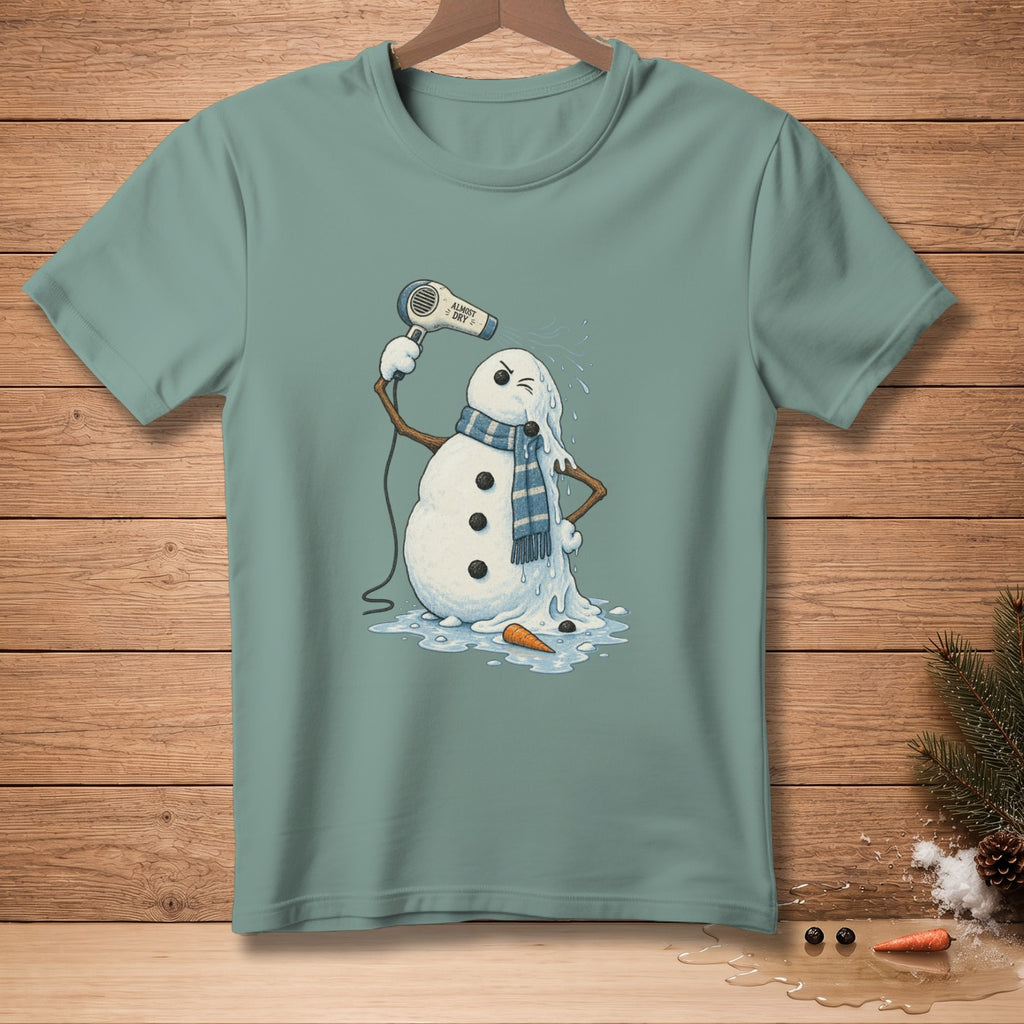 Snowman melting while using a hairdryer that says "Almost Dry."