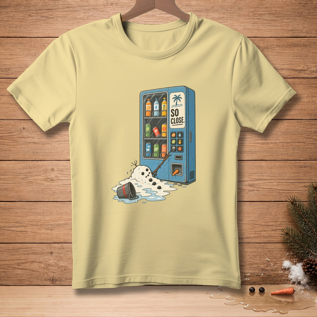 Illustration of a melting snowman reaching for a vending machine with text "SO CLOSE".