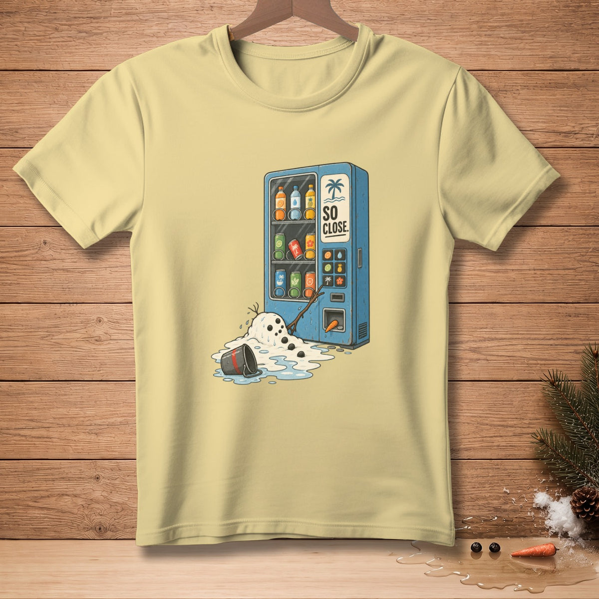Illustration of a melting snowman reaching for a vending machine with text "SO CLOSE".