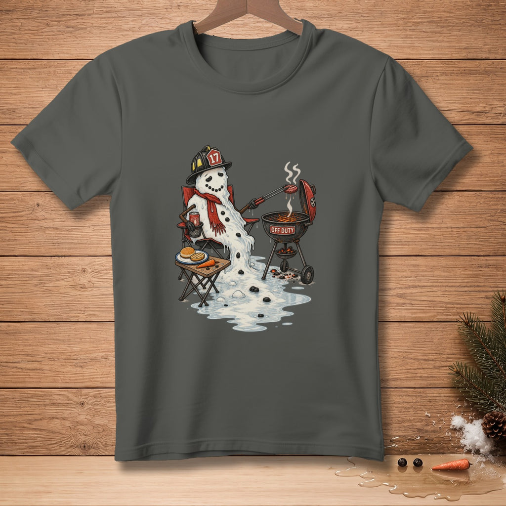 Melting snowman wearing firefighter helmet grilling burgers, with "Off Duty" on grill.
