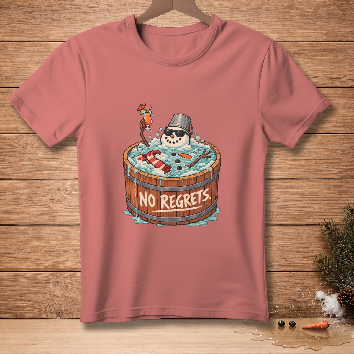 Snowman in a hot tub with sunglasses and cocktail, reads "NO REGRETS".