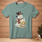 Melting snowman with fork eating mashed potatoes from a bowl.