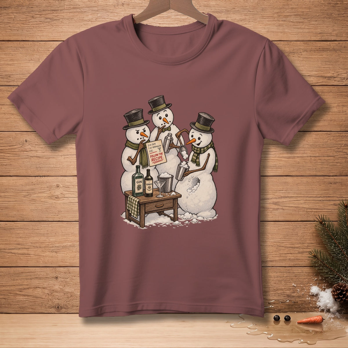 Three snowmen make a drink from a recipe card that reads "FOLLOW THE RECIPE."