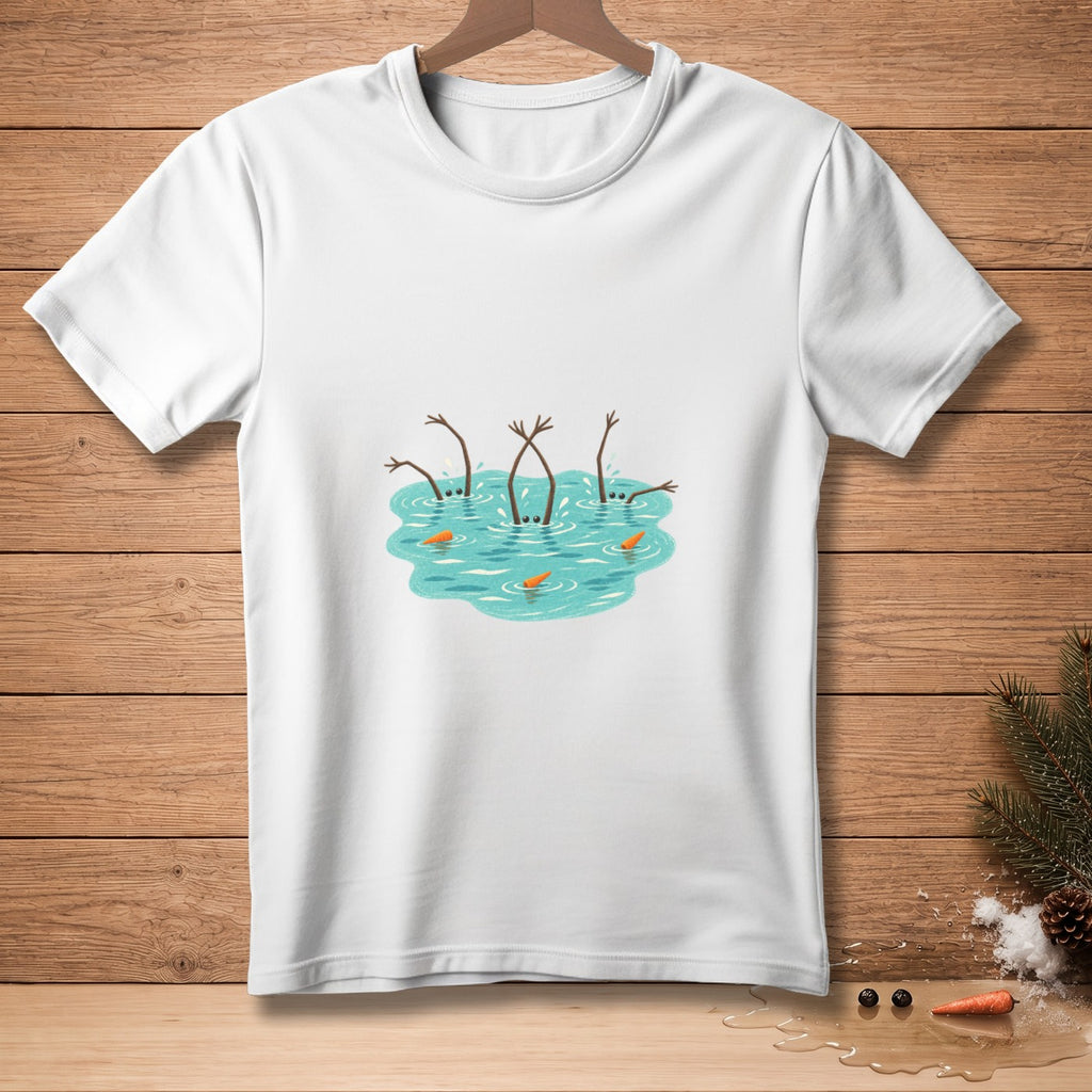 White t-shirt with cartoon snowman arms and carrot noses in water.