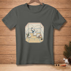 Snowmen playing squash in a court, one hitting a ball with a racket.