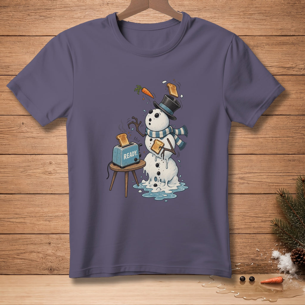 Melting snowman with top hat, scarf, and toast popping from a blue toaster reading "READY."