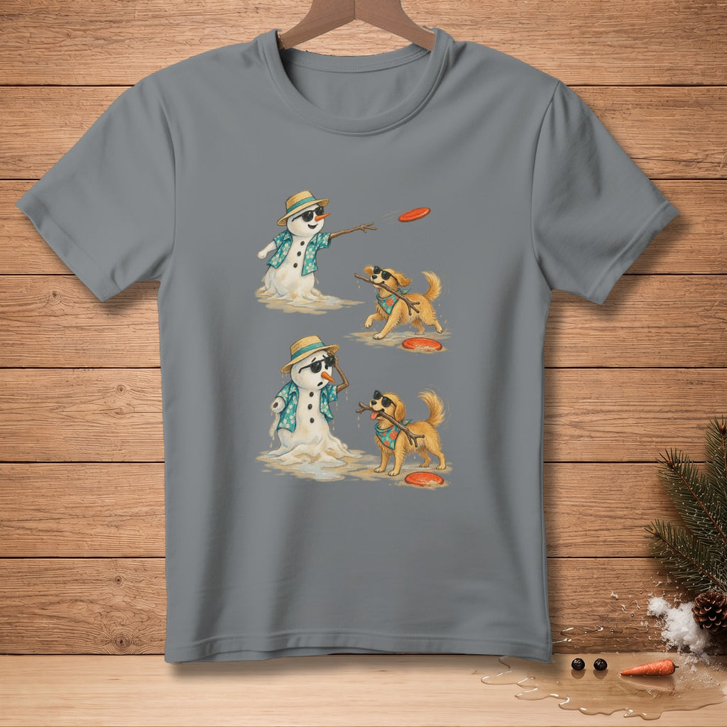 Gray t-shirt with melting snowmen and dogs playing frisbee and with sticks.