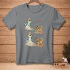 Gray t-shirt with melting snowmen and dogs playing frisbee and with sticks.