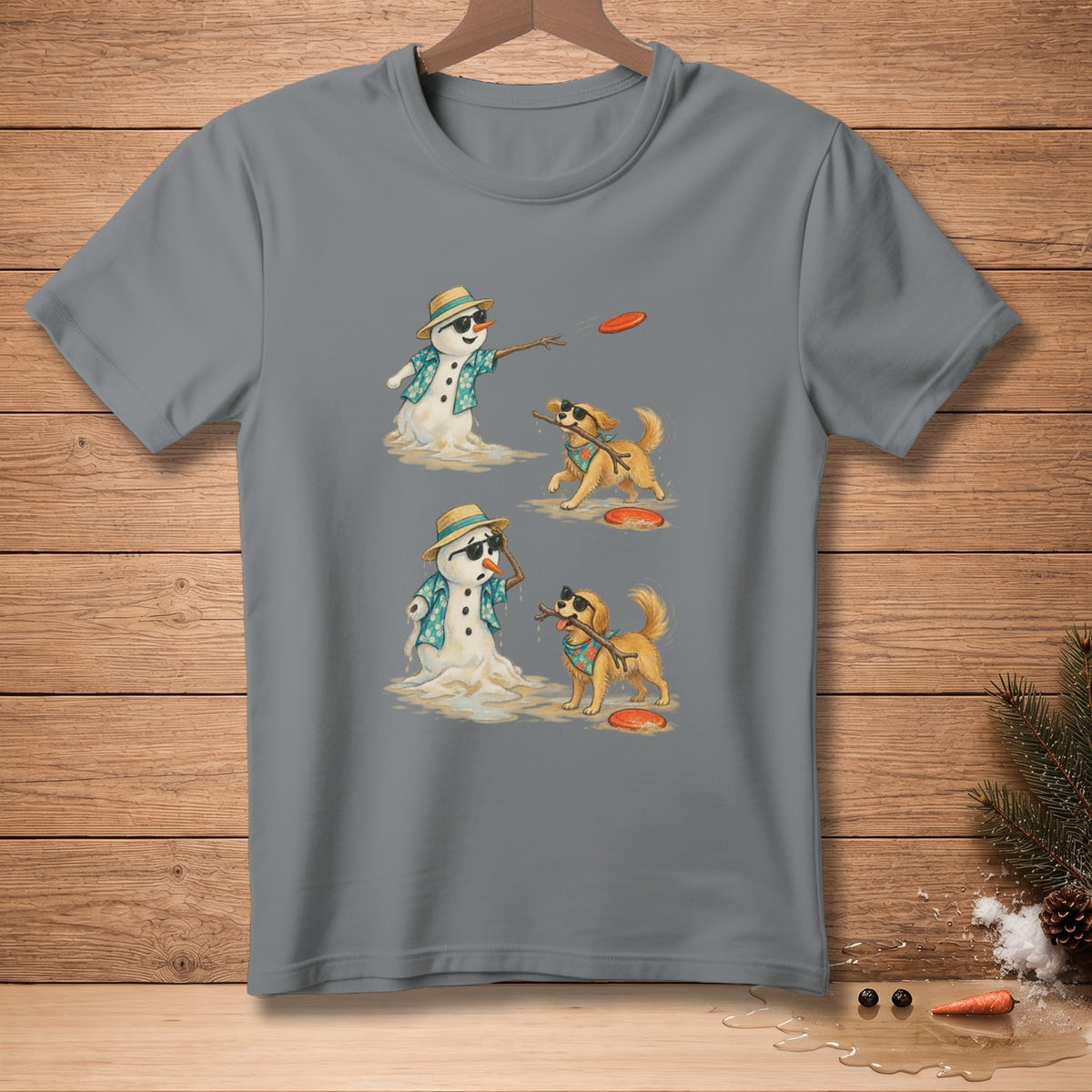 Gray t-shirt with melting snowmen and dogs playing frisbee and with sticks.