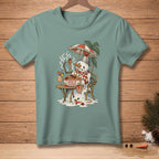 Snowman eating spaghetti under an umbrella with a drink and "Keep It Classy" text.