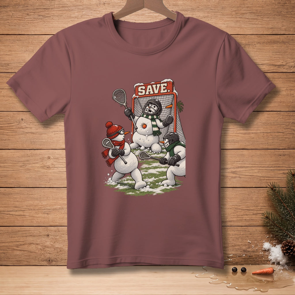 Snowmen playing lacrosse with goal net and "SAVE." text.