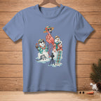 T-shirt graphic: melting snowmen, flamingo, camera, and "Memories" photo strip.